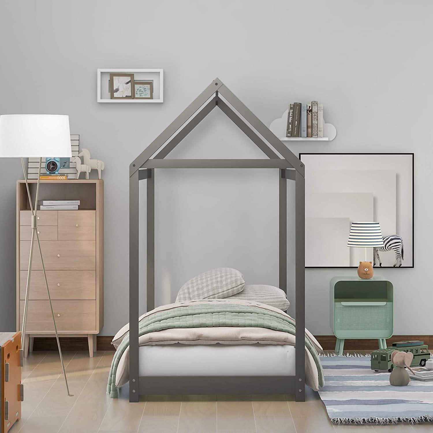 Cadre de lit enfant en forme de maison, lit jumeau au sol