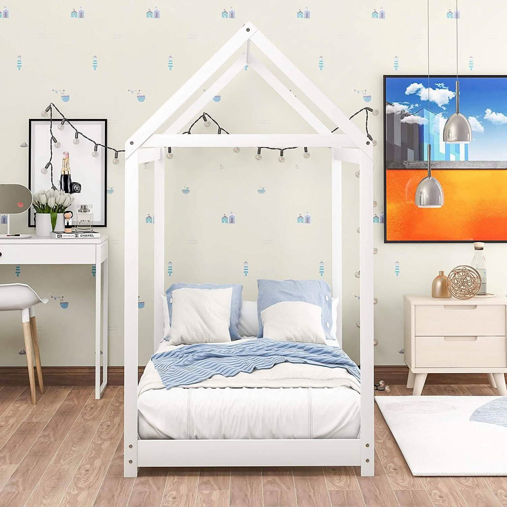 Cadre de lit enfant en forme de maison, lit jumeau au sol
