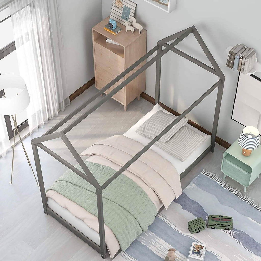 Cadre de lit enfant en forme de maison, lit jumeau au sol