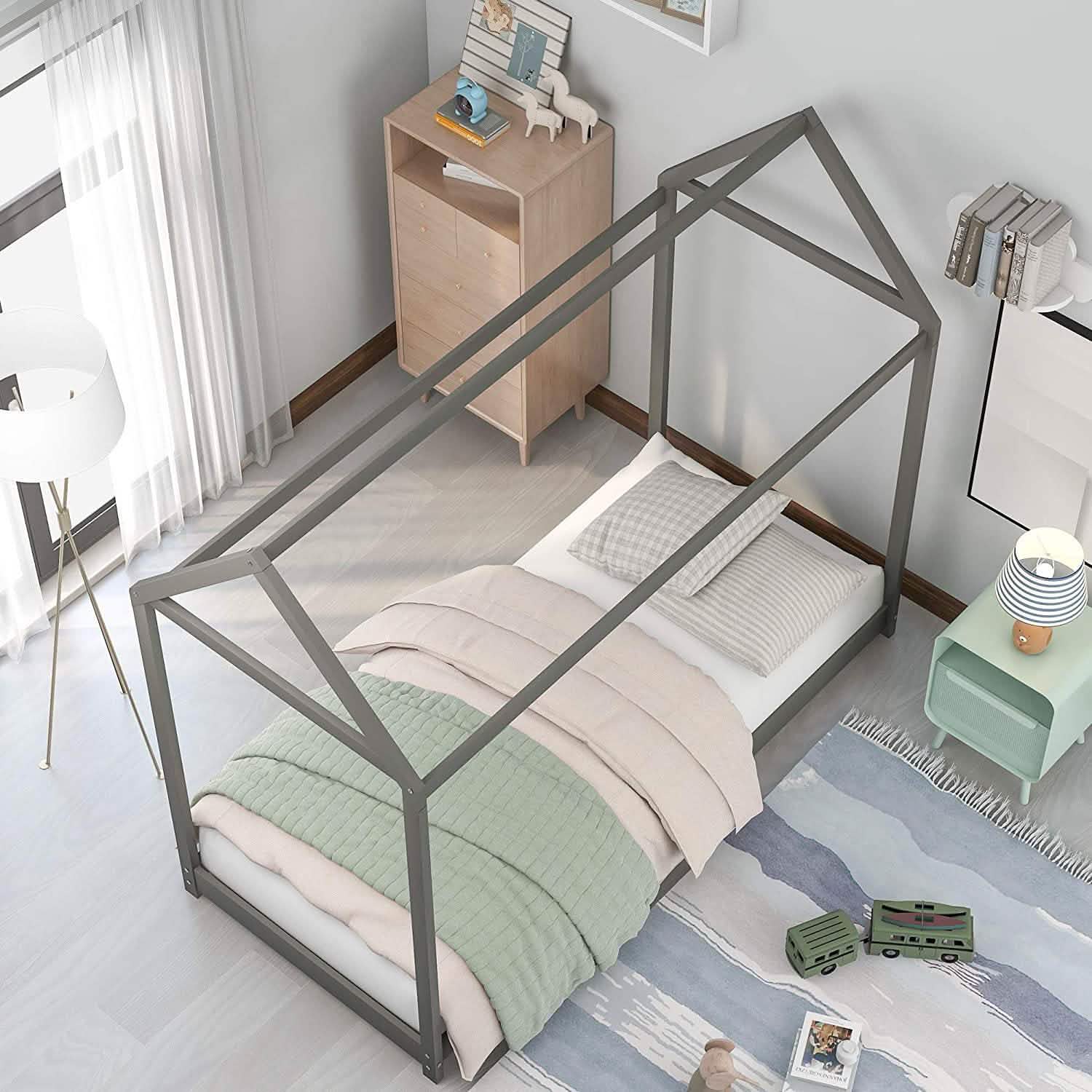 Cadre de lit enfant en forme de maison, lit jumeau au sol