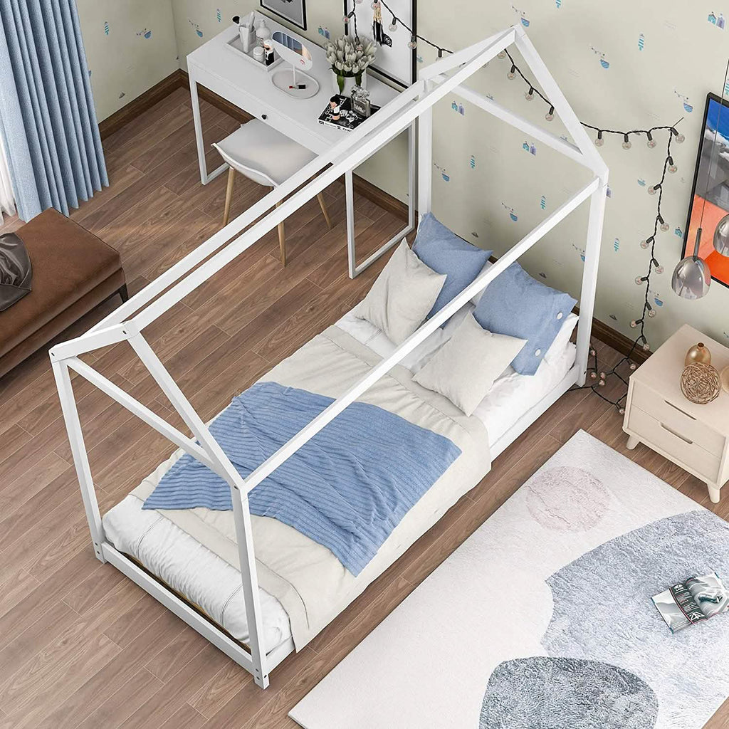 Cadre de lit enfant en forme de maison, lit jumeau au sol