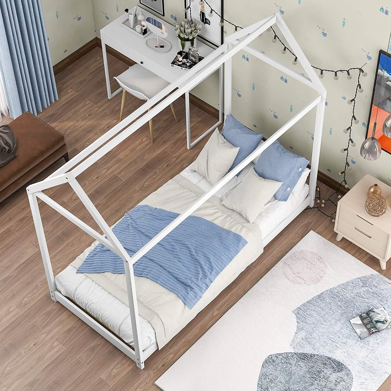 Cadre de lit enfant en forme de maison, lit jumeau au sol
