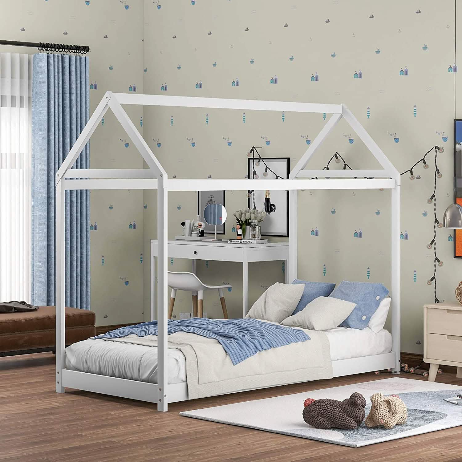 Cadre de lit enfant en forme de maison, lit jumeau au sol