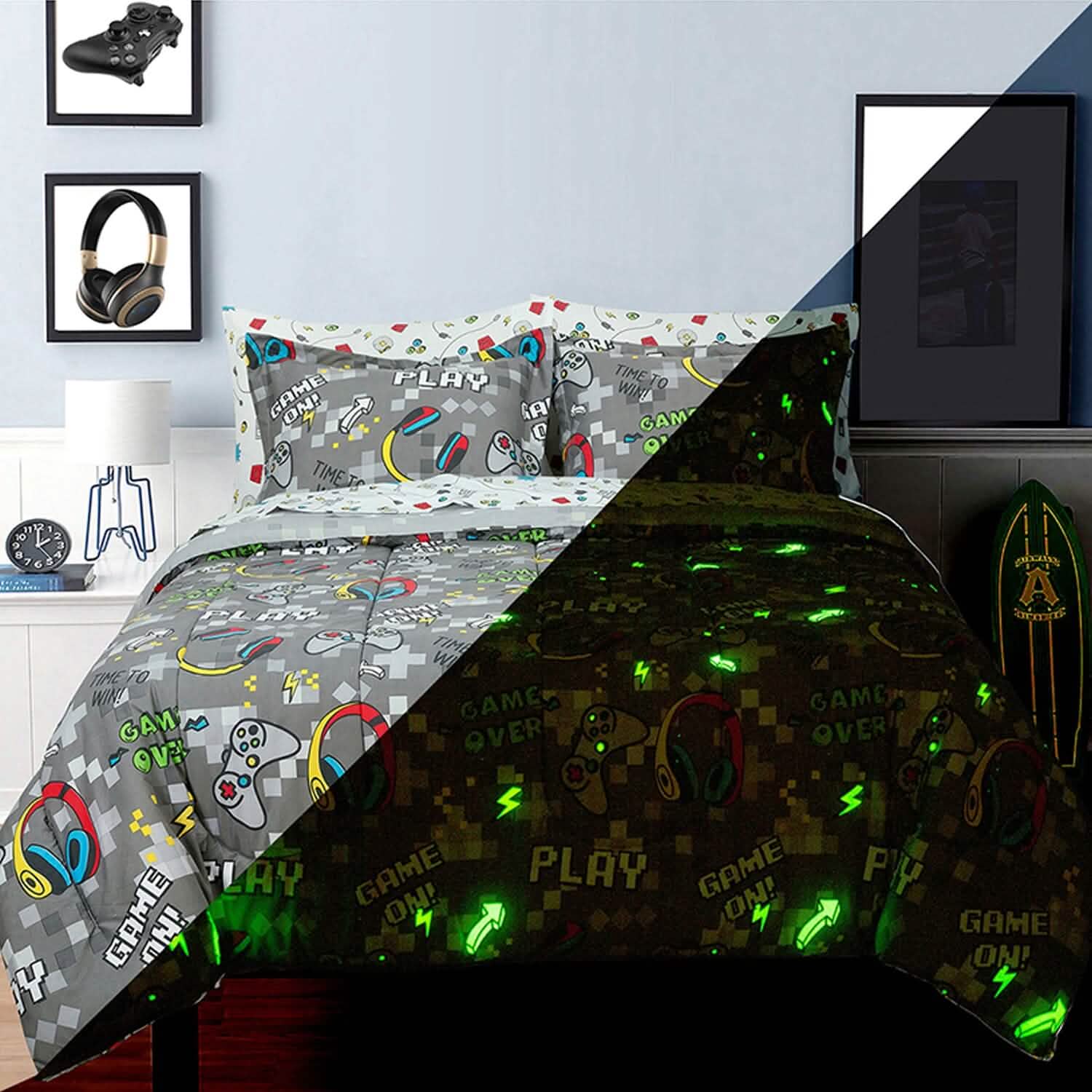 Parure de lit réversible phosphorescente Game On de Kidz Mix