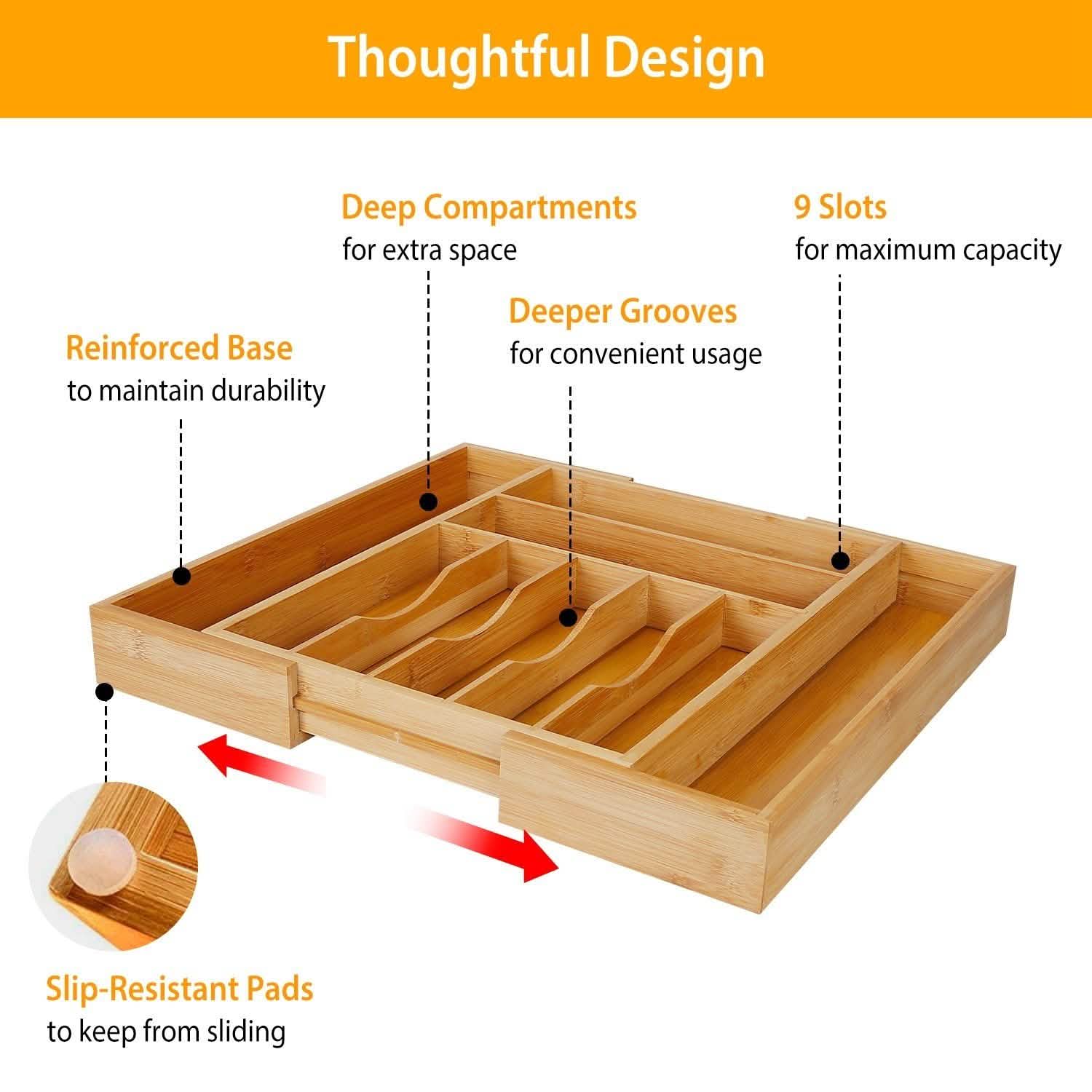 Organisateur de tiroir à couverts extensible en bambou pour la cuisine