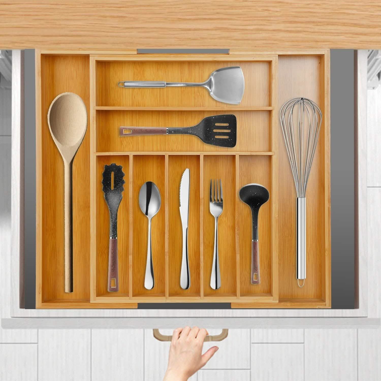 Organisateur de tiroir à couverts extensible en bambou pour la cuisine