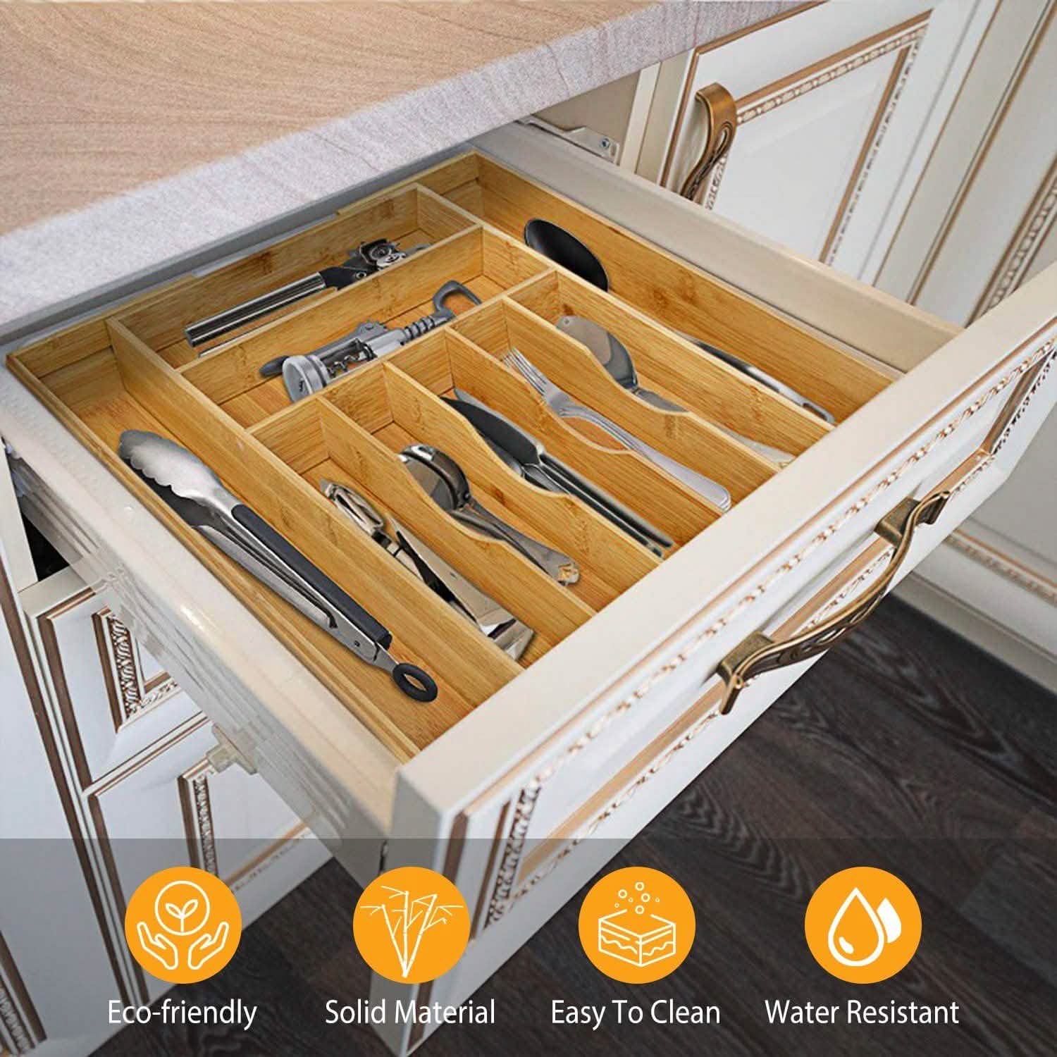 Organisateur de tiroir à couverts extensible en bambou pour la cuisine