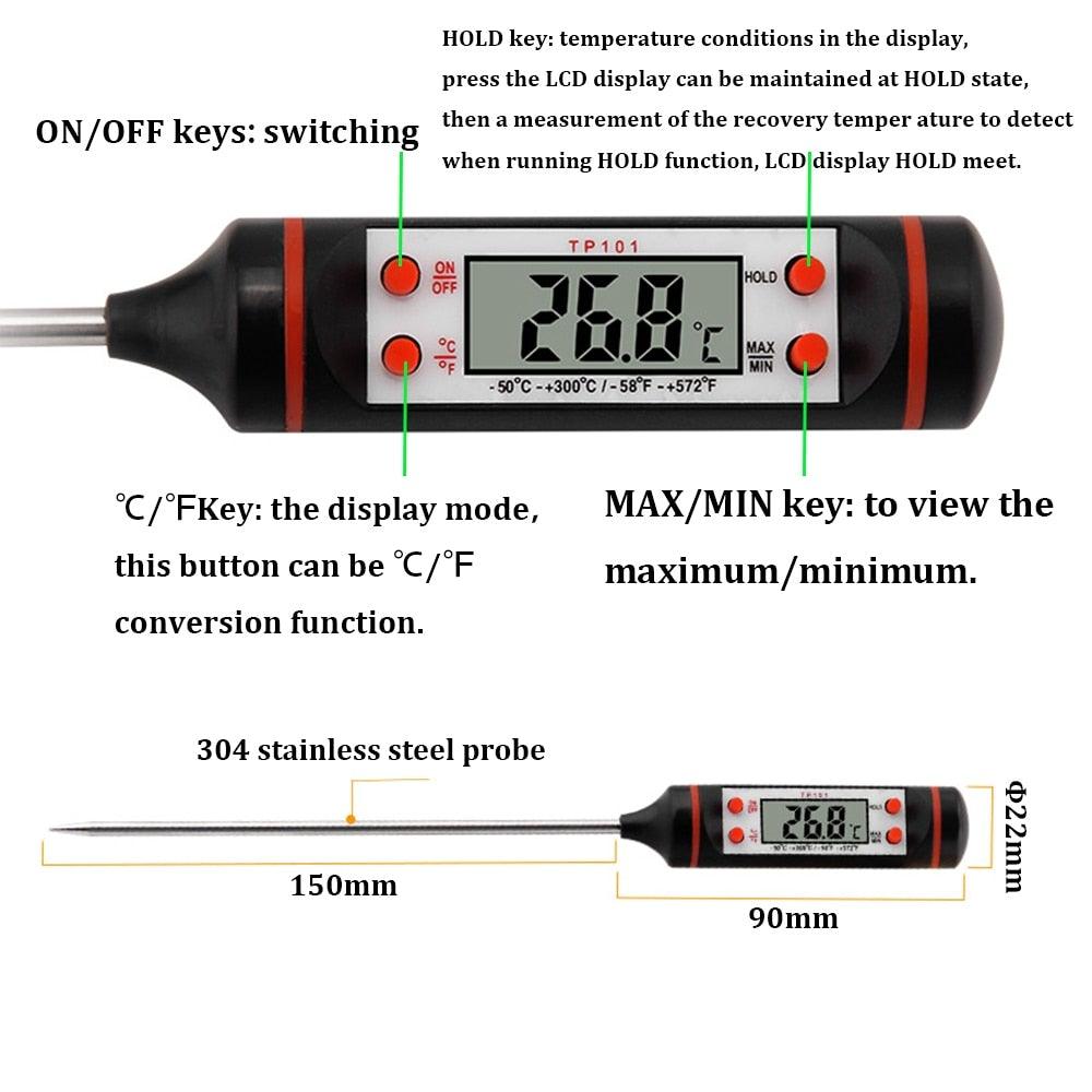Thermomètre de cuisine à sonde en acier inoxydable 304 pour aliments, barbecue, lait, soupe, huile, thermomètre numérique étanche pour liquides, bougies, lecture instantanée avec sonde longue pour aliments, viande, lait