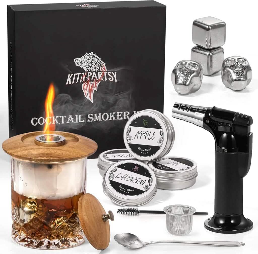 Fumoir à cocktails Kitypartsy avec chalumeau, copeaux de bois et glaçons en acier inoxydable