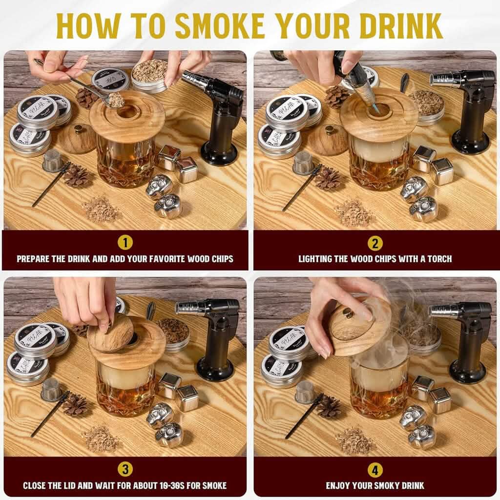 Fumoir à cocktails Kitypartsy avec chalumeau, copeaux de bois et glaçons en acier inoxydable