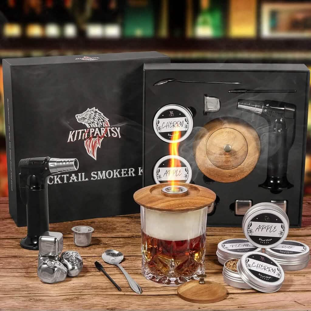 Fumoir à cocktails Kitypartsy avec chalumeau, copeaux de bois et glaçons en acier inoxydable