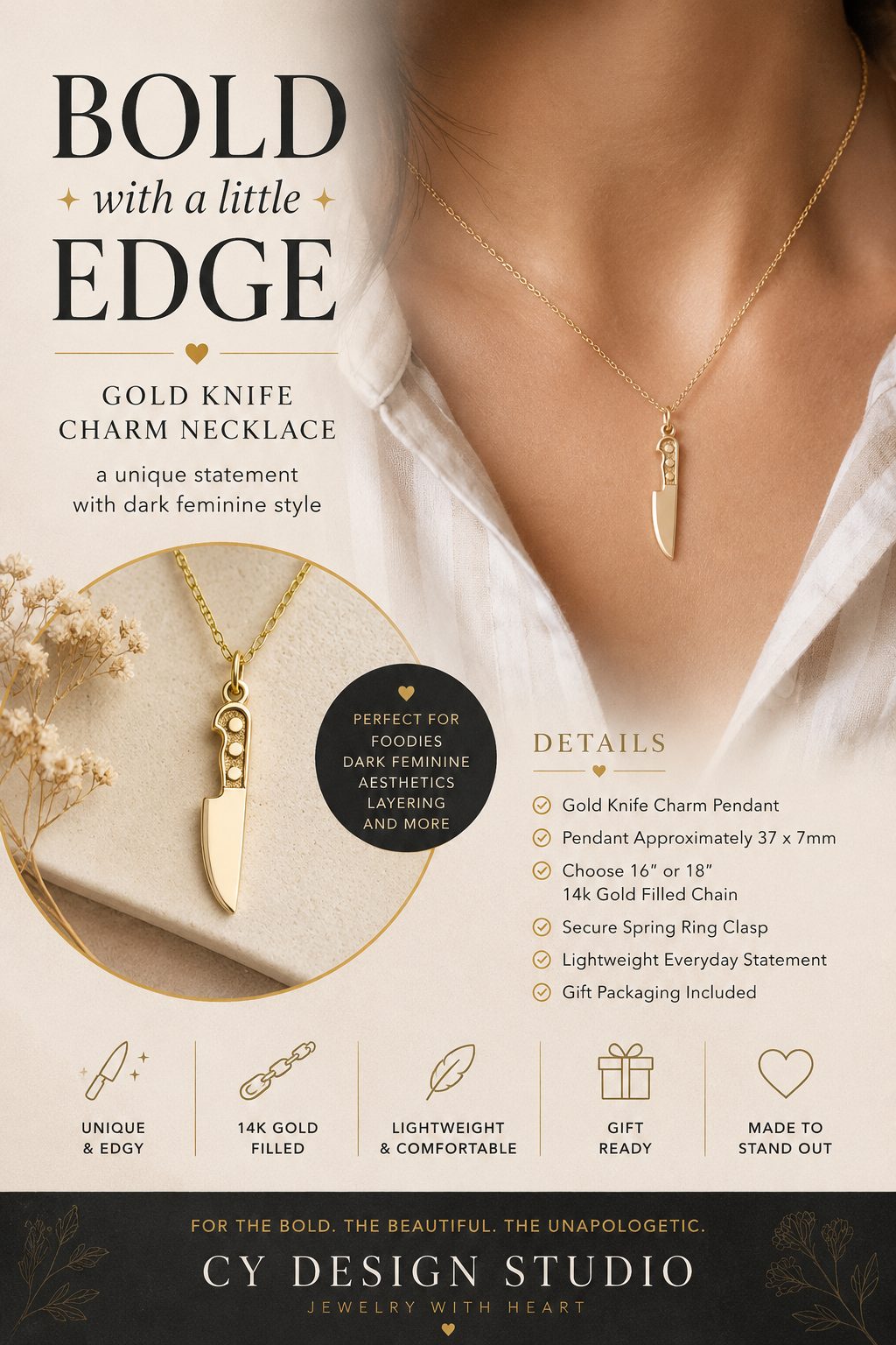 Collier Breloque Couteau Doré