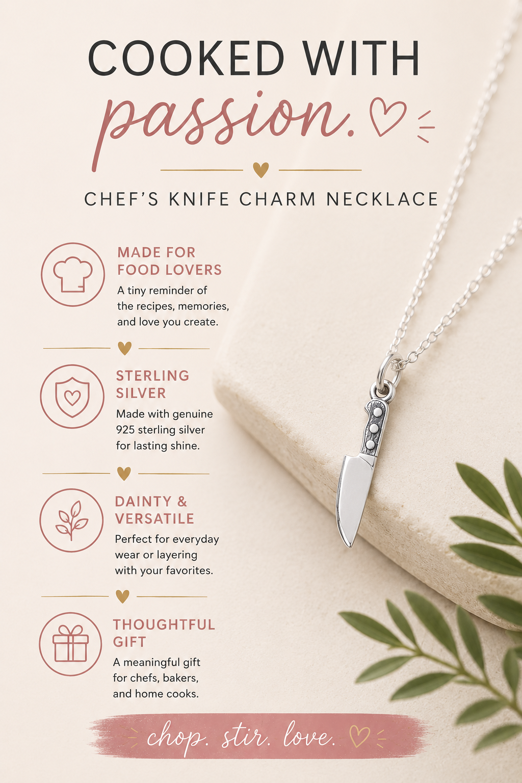 Breloque Couteau de Chef - Pendentif Cuisine - Collier Argent Sterling - Bijoux Faits Main