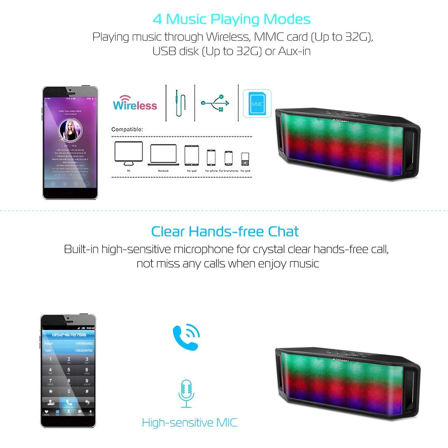 Enceinte sans fil DEL KOCASO multicolore dynamique mains libres