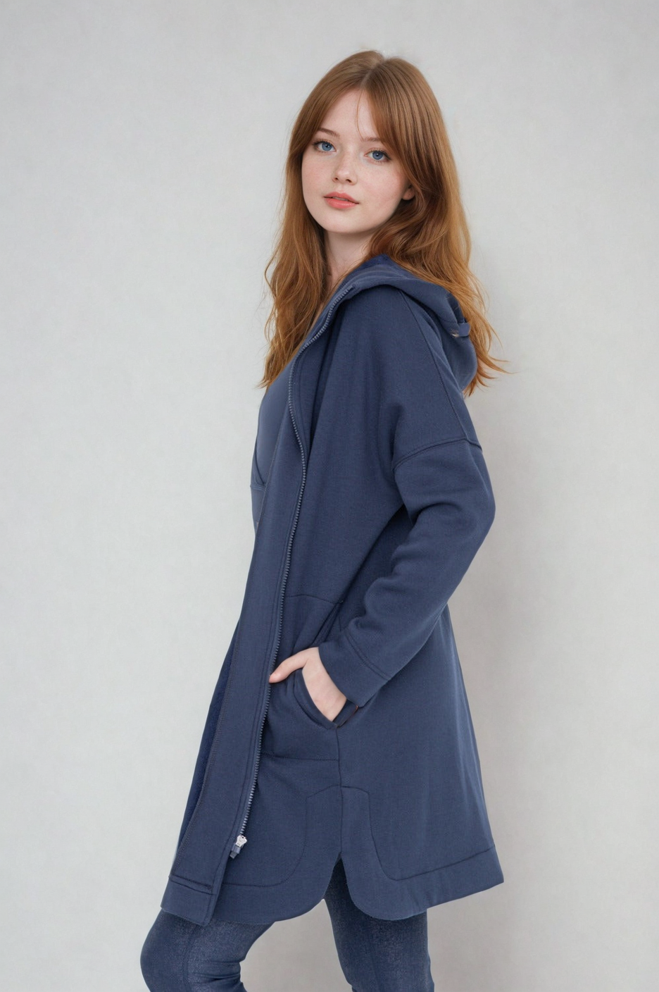 Confort Douillet Veste à Capuche Zippée Bleu Sarcelle et Bleu Marine