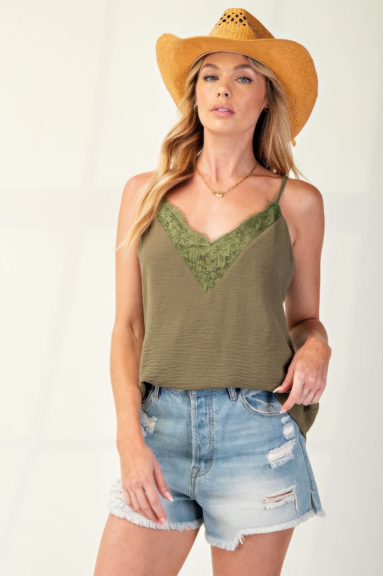 Camisole en polyester texturé tissé avec dentelle