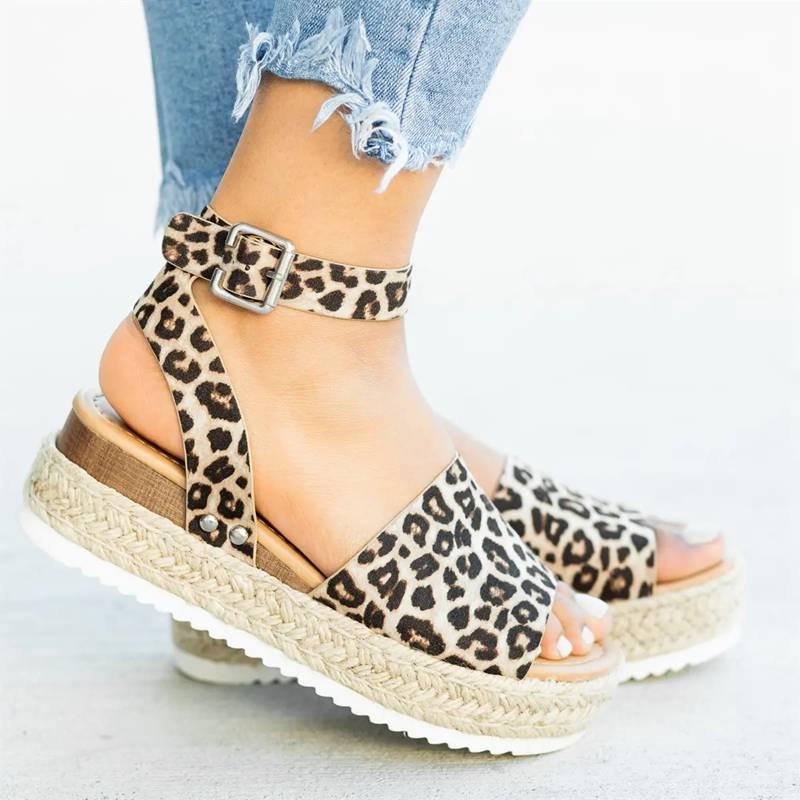 Chaussures élégantes à motif léopard pour femmes, sandales à talons hauts, sandales d'été à plateforme, sandales à plateforme haute, sandales à semelle épaisse avec boucle de ceinture, sandales à brides réglables