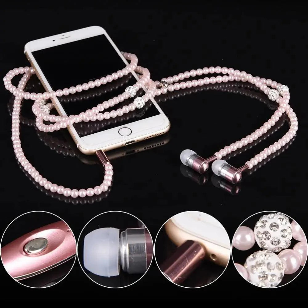 Collier de perles de luxe pour femme, écouteurs roses avec micro, excellente qualité sonore, écouteurs stéréo pour usage quotidien