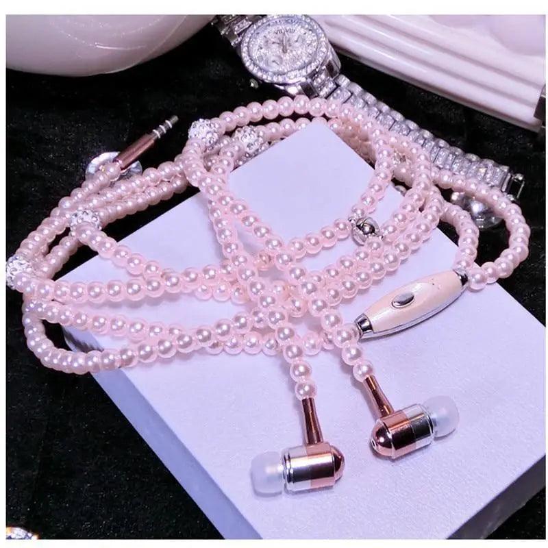 Collier de perles de luxe pour femme, écouteurs roses avec micro, excellente qualité sonore, écouteurs stéréo pour usage quotidien
