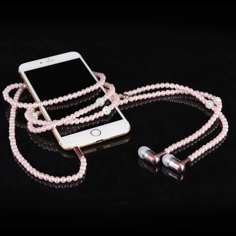Collier de perles de luxe pour femme, écouteurs roses avec micro, excellente qualité sonore, écouteurs stéréo pour usage quotidien