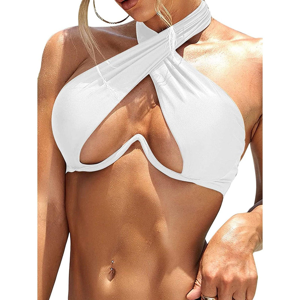 Maillot de bain d'été uni pour femme, maillot de bain bikini une pièce avec bretelles détachables, col licou et découpes nouées avec design entrecroisé.