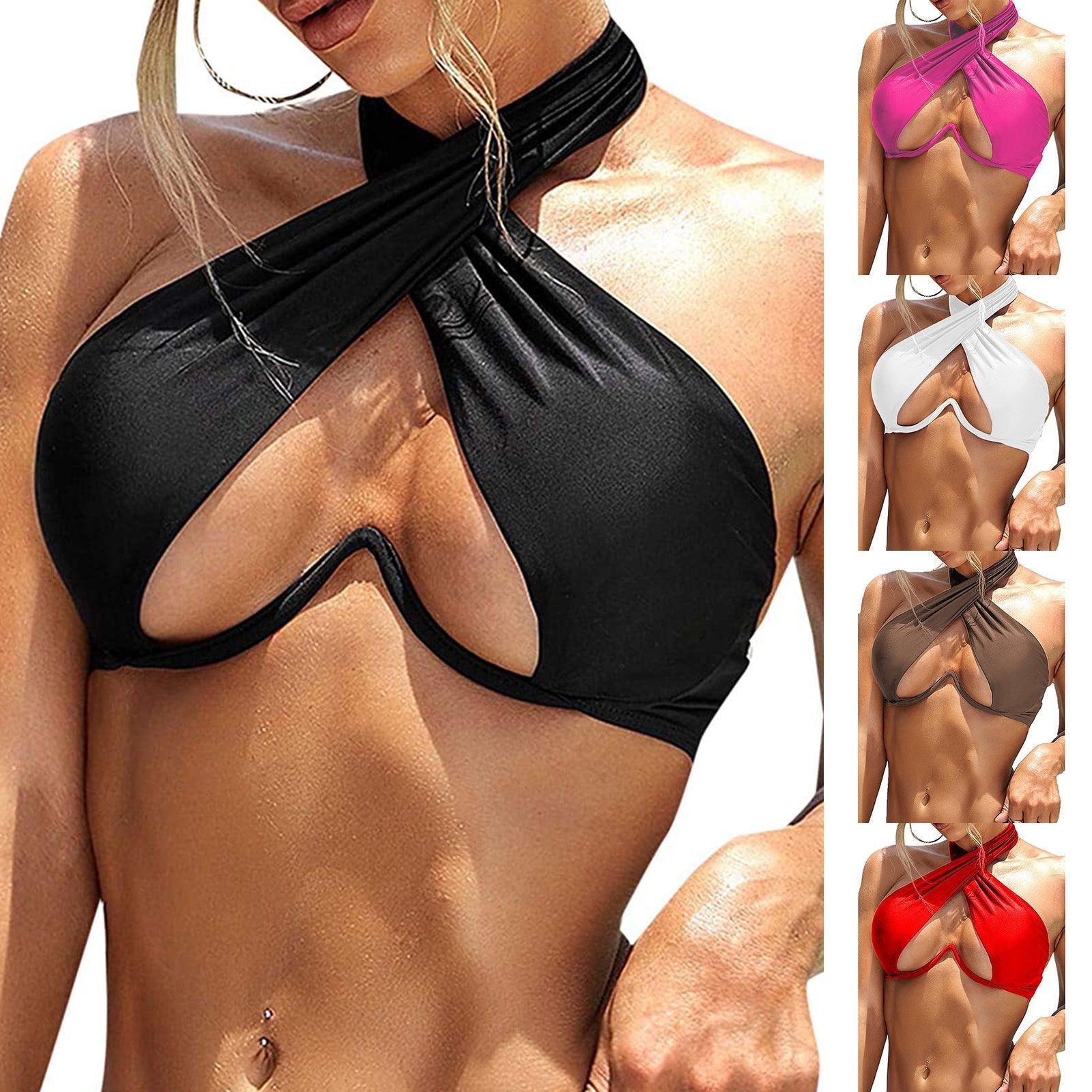 Maillot de bain d'été uni pour femme, maillot de bain bikini une pièce avec bretelles détachables, col licou et découpes nouées avec design entrecroisé.