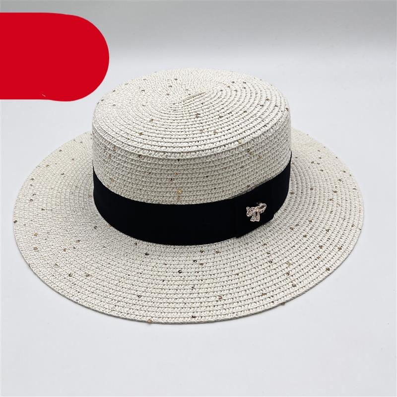 Chapeaux plats classiques pour femmes Sun Boater Chapeau de paille à large bord Chapeau d'été magnifiques accessoires pour femmes Casquette plate rétro pour femmes Chapeau de plage pliable et compressible pour l'été 55-58 cm