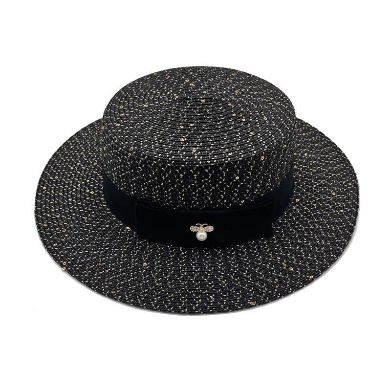 Chapeaux plats classiques pour femmes Sun Boater Chapeau de paille à large bord Chapeau d'été magnifiques accessoires pour femmes Casquette plate rétro pour femmes Chapeau de plage pliable et compressible pour l'été 55-58 cm