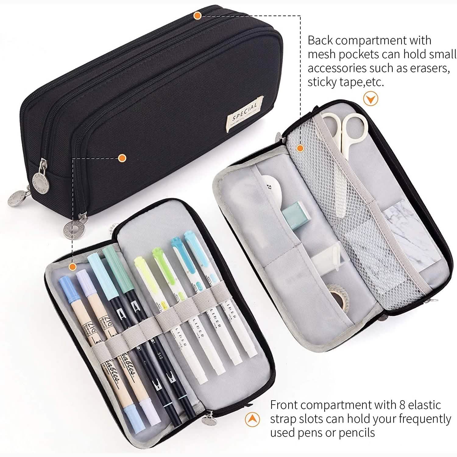 Trousse à crayons avec 3 compartiments grande capacité