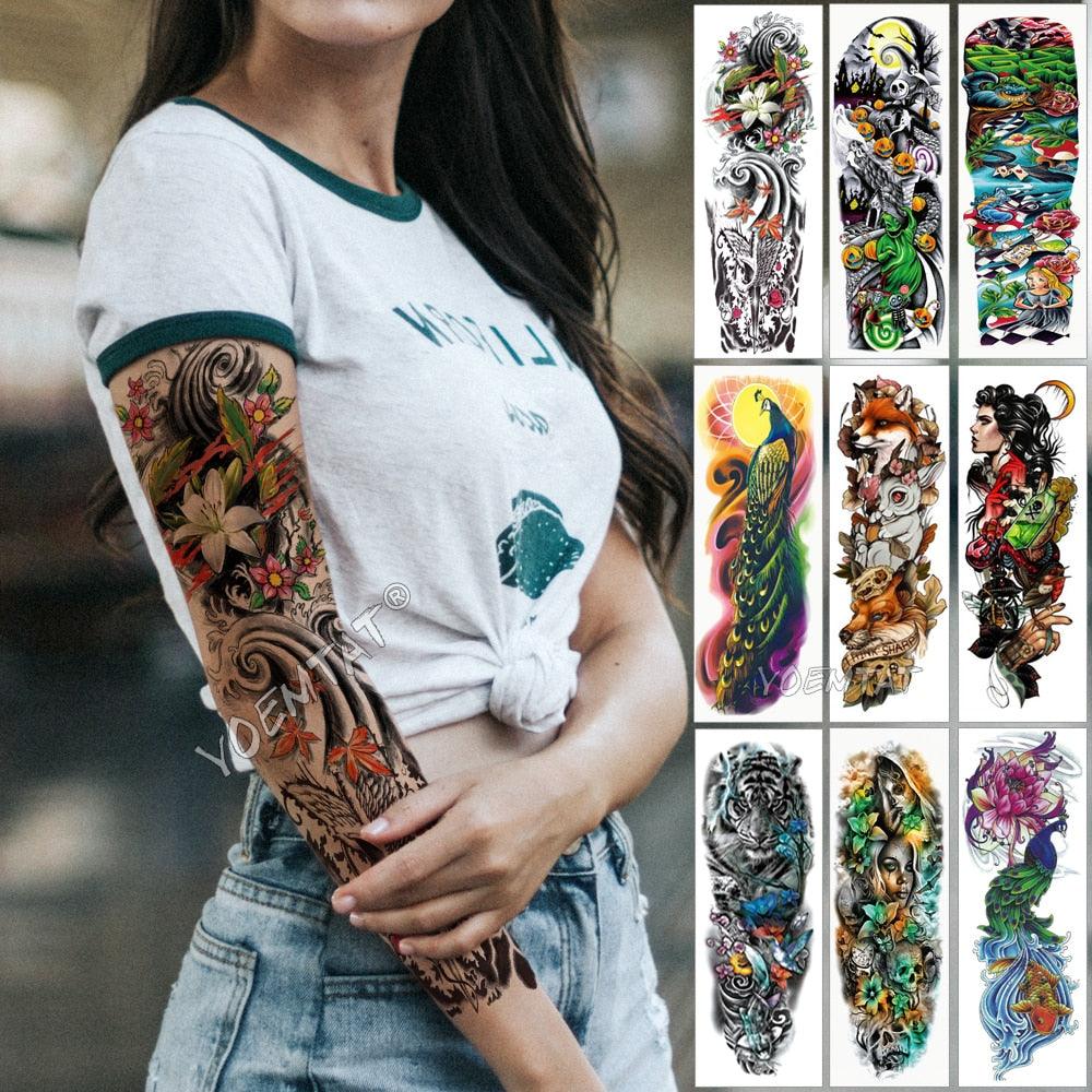 Grand Tatouage Manchette Bras Étanche Temporaire Autocollant Tigre Renard Pour Bras Design Luxueux et Coloré
