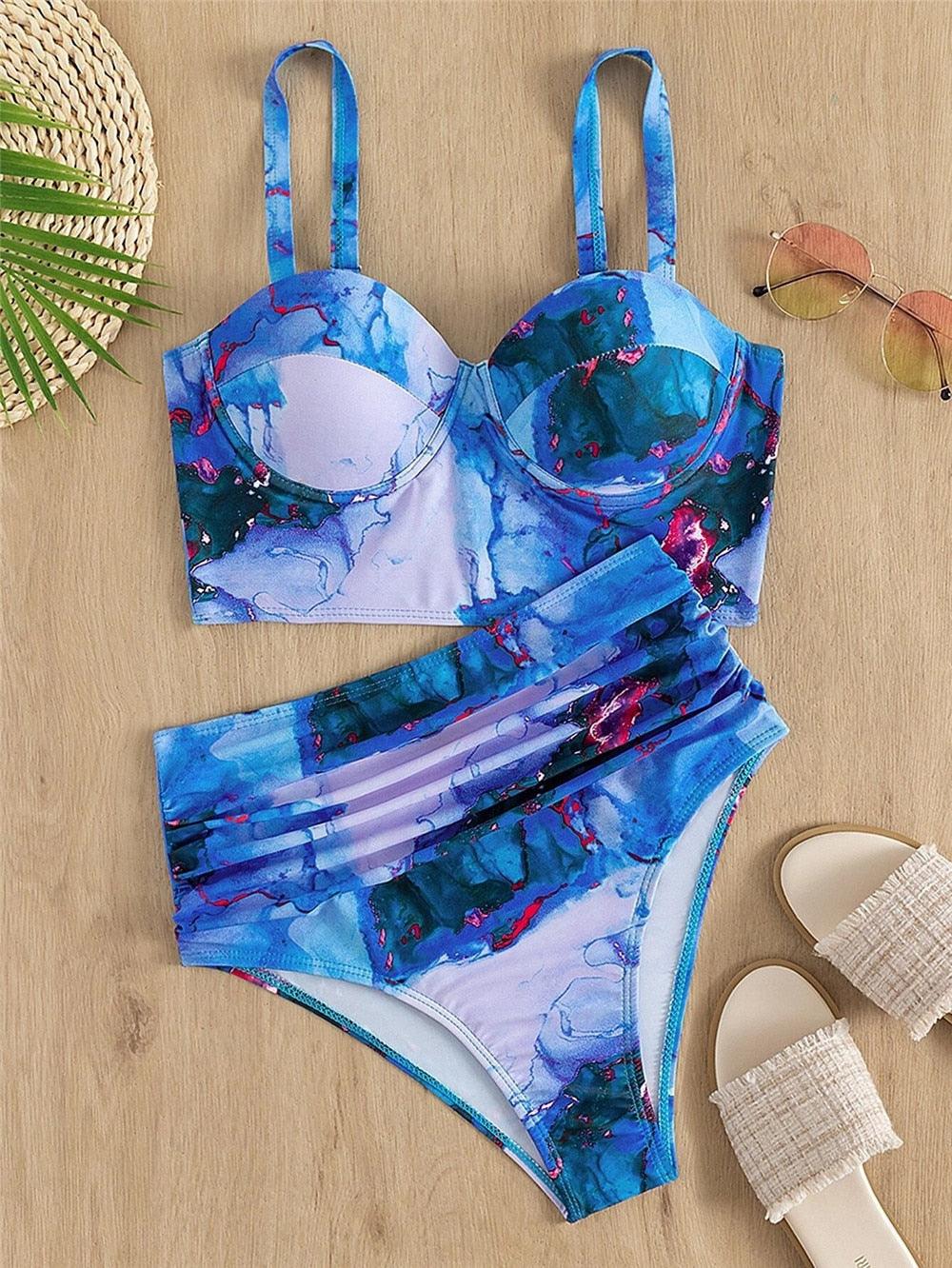 Ensemble de bikini floral feuille femme dos nu taille haute deux pièces maillot de bain de plage maillot de bain femme bikini à volants bandage taille haute bas maillot de bain deux pièces