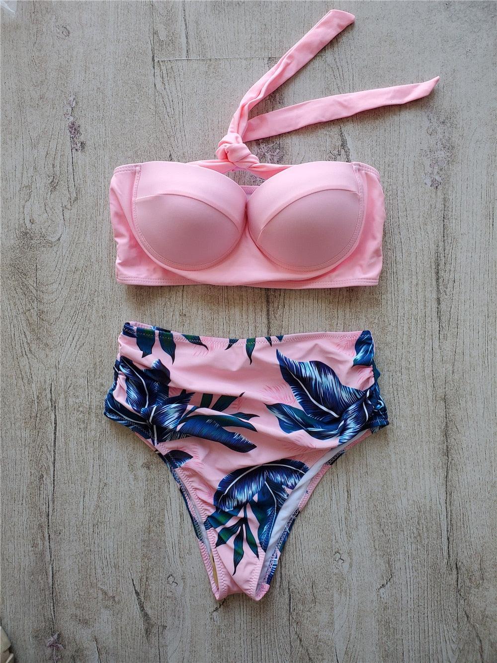 Ensemble de bikini floral feuille femme dos nu taille haute deux pièces maillot de bain de plage maillot de bain femme bikini à volants bandage taille haute bas maillot de bain deux pièces