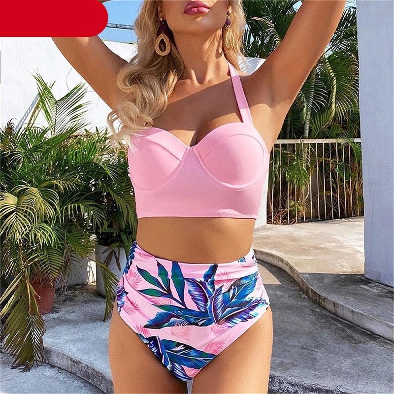 Ensemble de bikini floral feuille femme dos nu taille haute deux pièces maillot de bain de plage maillot de bain femme bikini à volants bandage taille haute bas maillot de bain deux pièces