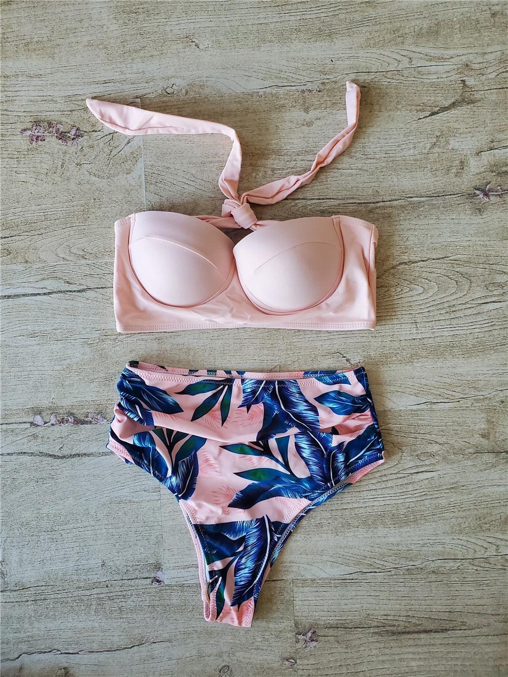 Ensemble de bikini floral feuille femme dos nu taille haute deux pièces maillot de bain de plage maillot de bain femme bikini à volants bandage taille haute bas maillot de bain deux pièces