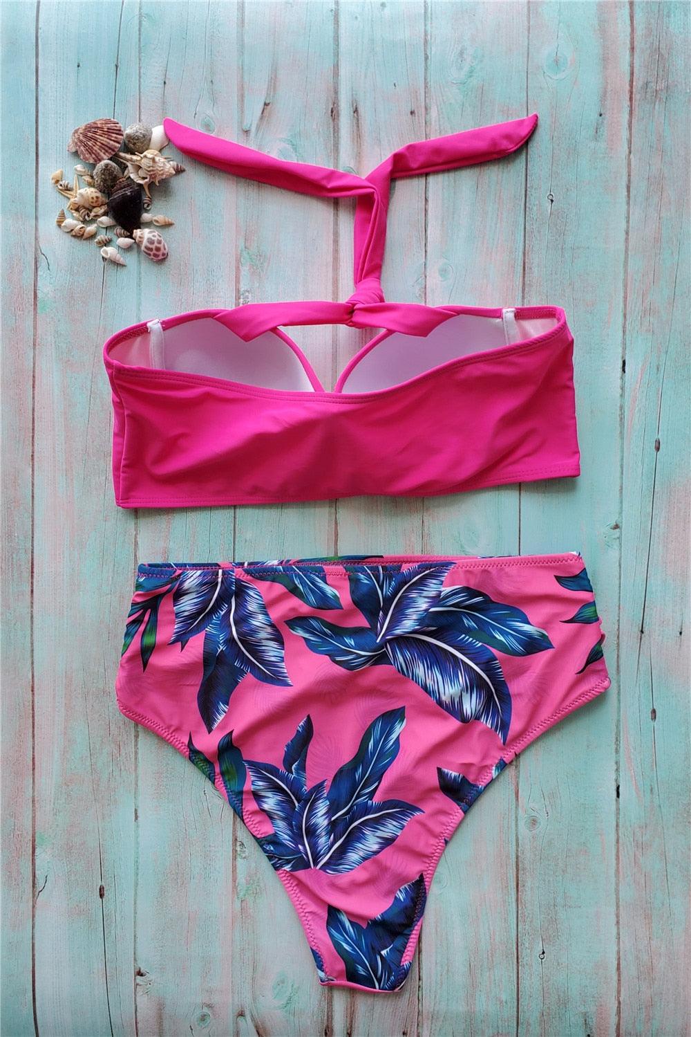 Ensemble de bikini floral feuille femme dos nu taille haute deux pièces maillot de bain de plage maillot de bain femme bikini à volants bandage taille haute bas maillot de bain deux pièces