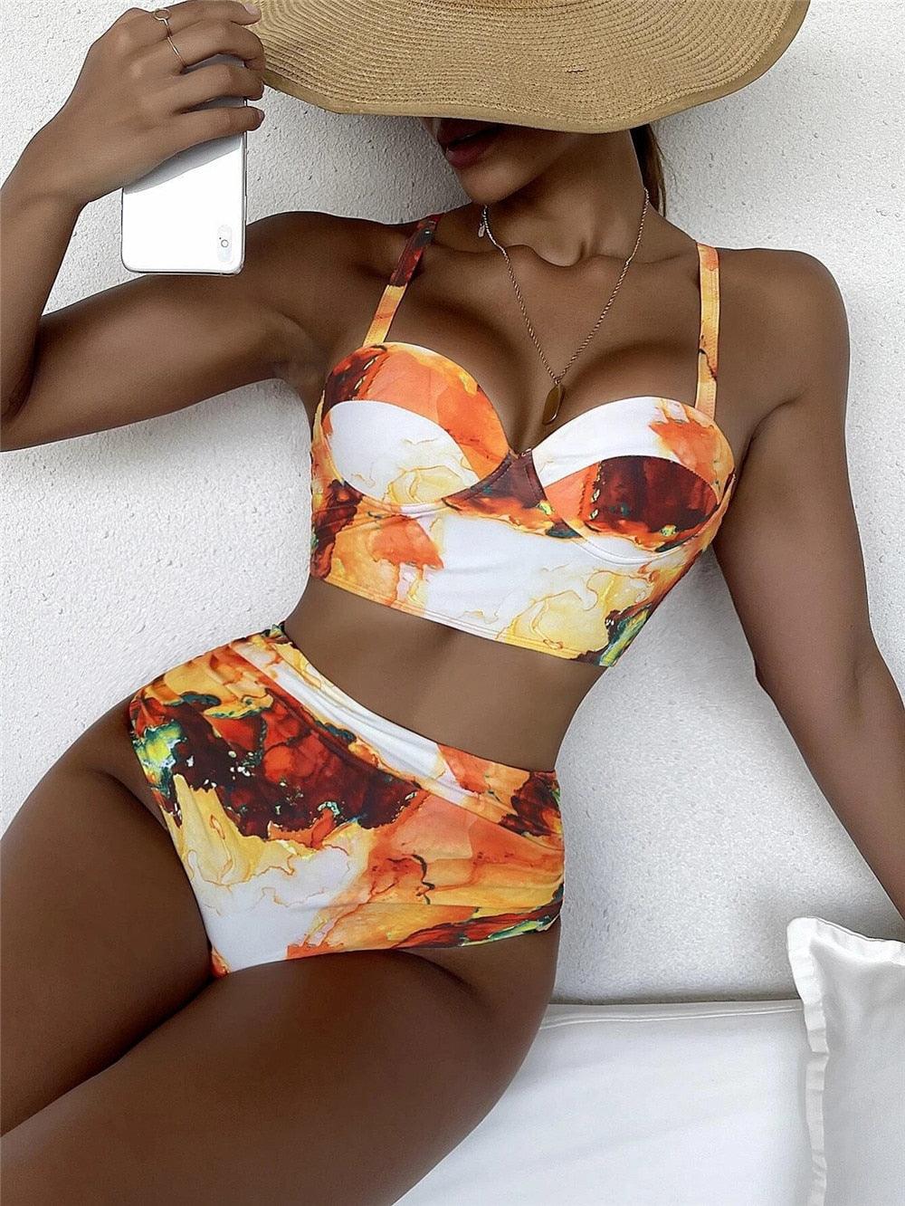 Ensemble de bikini floral feuille femme dos nu taille haute deux pièces maillot de bain de plage maillot de bain femme bikini à volants bandage taille haute bas maillot de bain deux pièces
