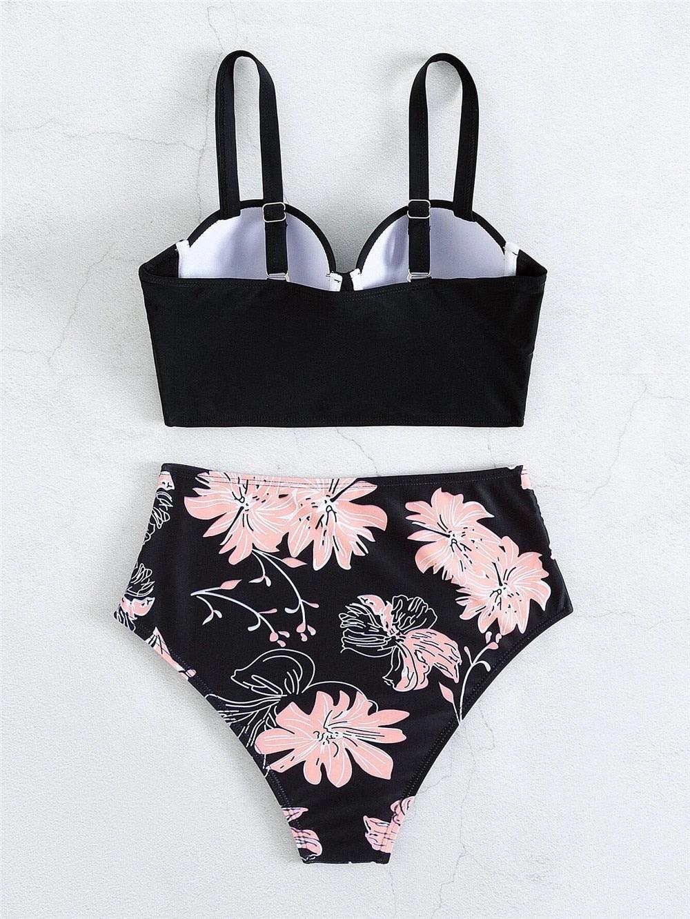 Ensemble de bikini floral feuille femme dos nu taille haute deux pièces maillot de bain de plage maillot de bain femme bikini à volants bandage taille haute bas maillot de bain deux pièces