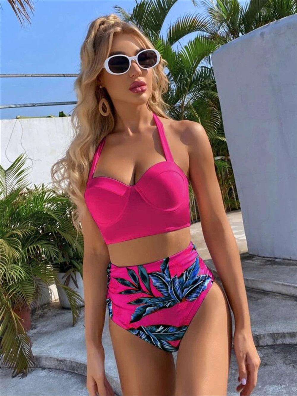 Ensemble de bikini floral feuille femme dos nu taille haute deux pièces maillot de bain de plage maillot de bain femme bikini à volants bandage taille haute bas maillot de bain deux pièces