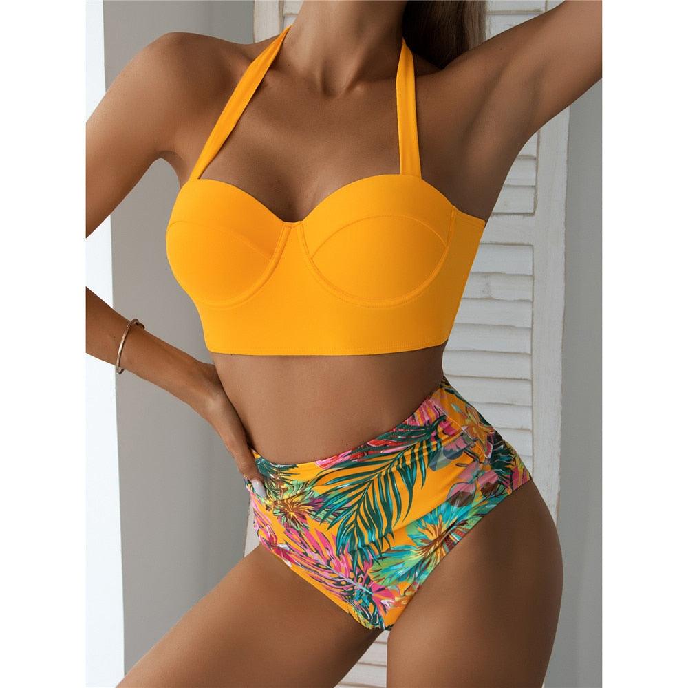 Ensemble de bikini floral feuille femme dos nu taille haute deux pièces maillot de bain de plage maillot de bain femme bikini à volants bandage taille haute bas maillot de bain deux pièces