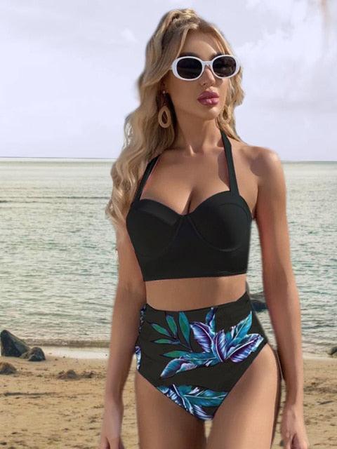 Ensemble de bikini floral feuille femme dos nu taille haute deux pièces maillot de bain de plage maillot de bain femme bikini à volants bandage taille haute bas maillot de bain deux pièces