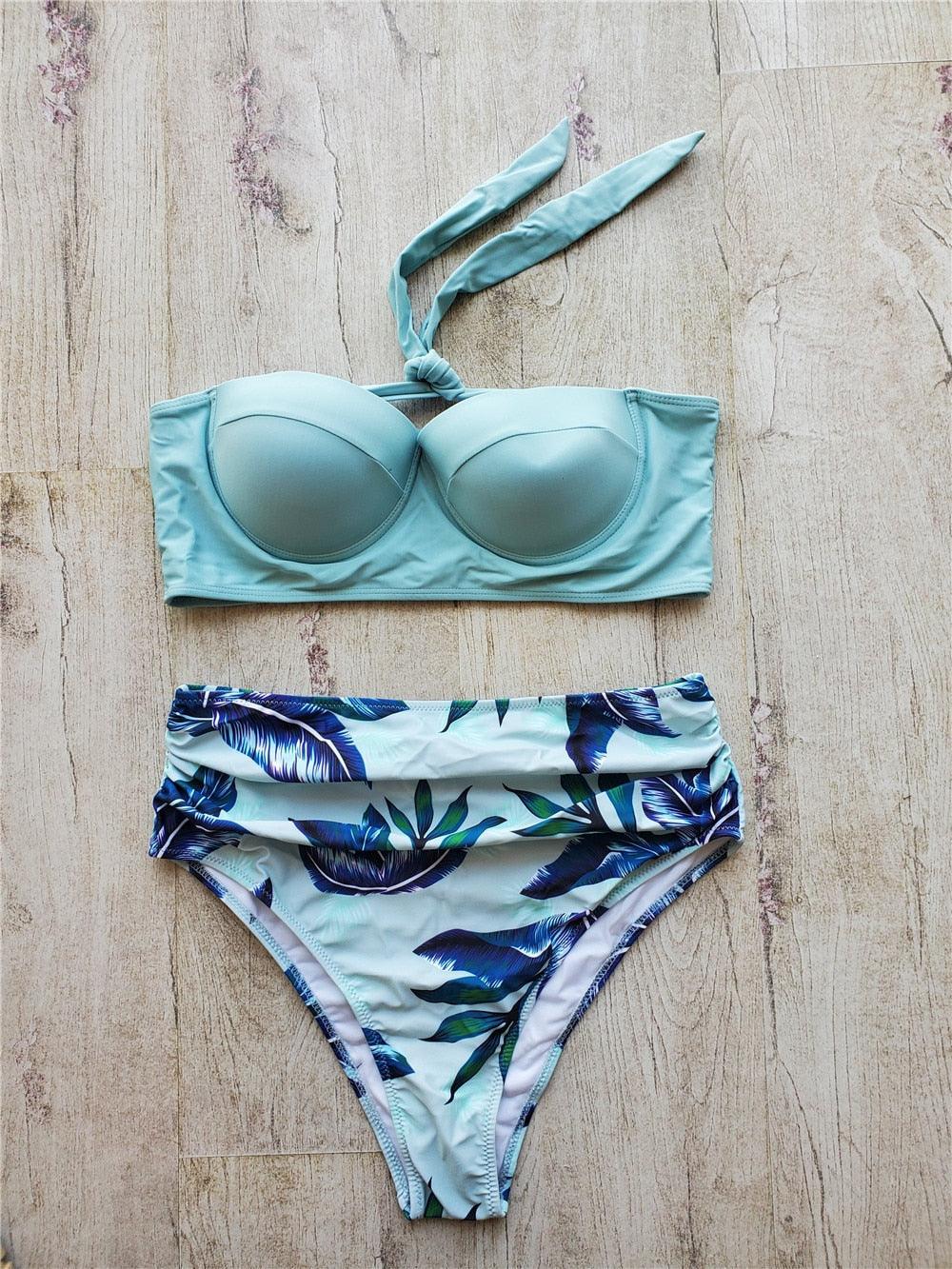 Ensemble de bikini floral feuille femme dos nu taille haute deux pièces maillot de bain de plage maillot de bain femme bikini à volants bandage taille haute bas maillot de bain deux pièces