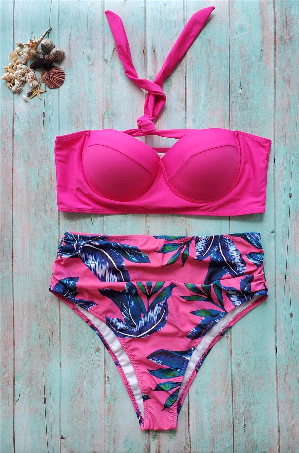 Ensemble de bikini floral feuille femme dos nu taille haute deux pièces maillot de bain de plage maillot de bain femme bikini à volants bandage taille haute bas maillot de bain deux pièces