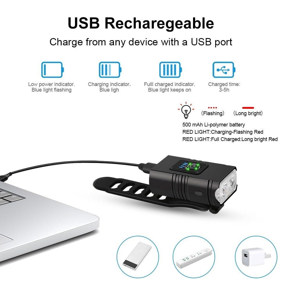 Phare de vélo LED avant rechargeable USB 1000 lumens Lampe avant de vélo Phare de vélo de montagne Luminosité et lampe de poche réglables avec étanchéité IPX5 et batterie grande capacité