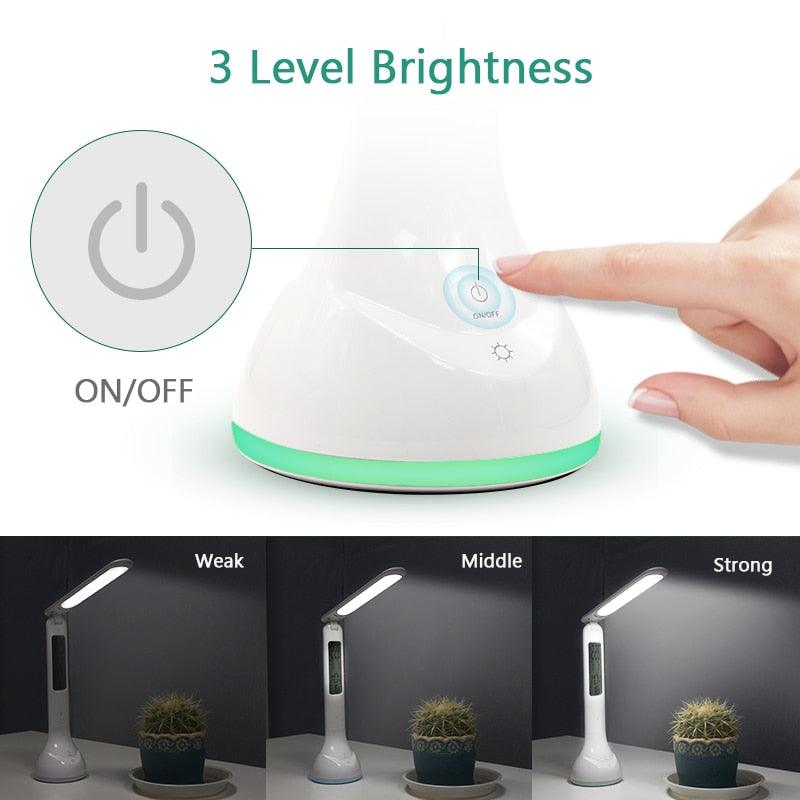 Lampe de bureau LED pliable, intensité variable, tactile, rechargeable avec calendrier, température, réveil. Lampe de table décorative, lampes d'étude mignonnes pour décoration de chambre à coucher.