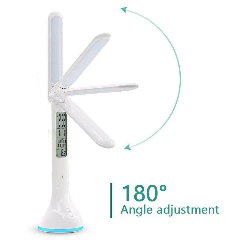 Lampe de bureau LED pliable, intensité variable, tactile, rechargeable avec calendrier, température, réveil. Lampe de table décorative, lampes d'étude mignonnes pour décoration de chambre à coucher.