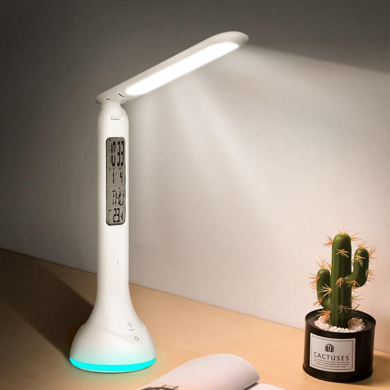 Lampe de bureau LED pliable, intensité variable, tactile, rechargeable avec calendrier, température, réveil. Lampe de table décorative, lampes d'étude mignonnes pour décoration de chambre à coucher.