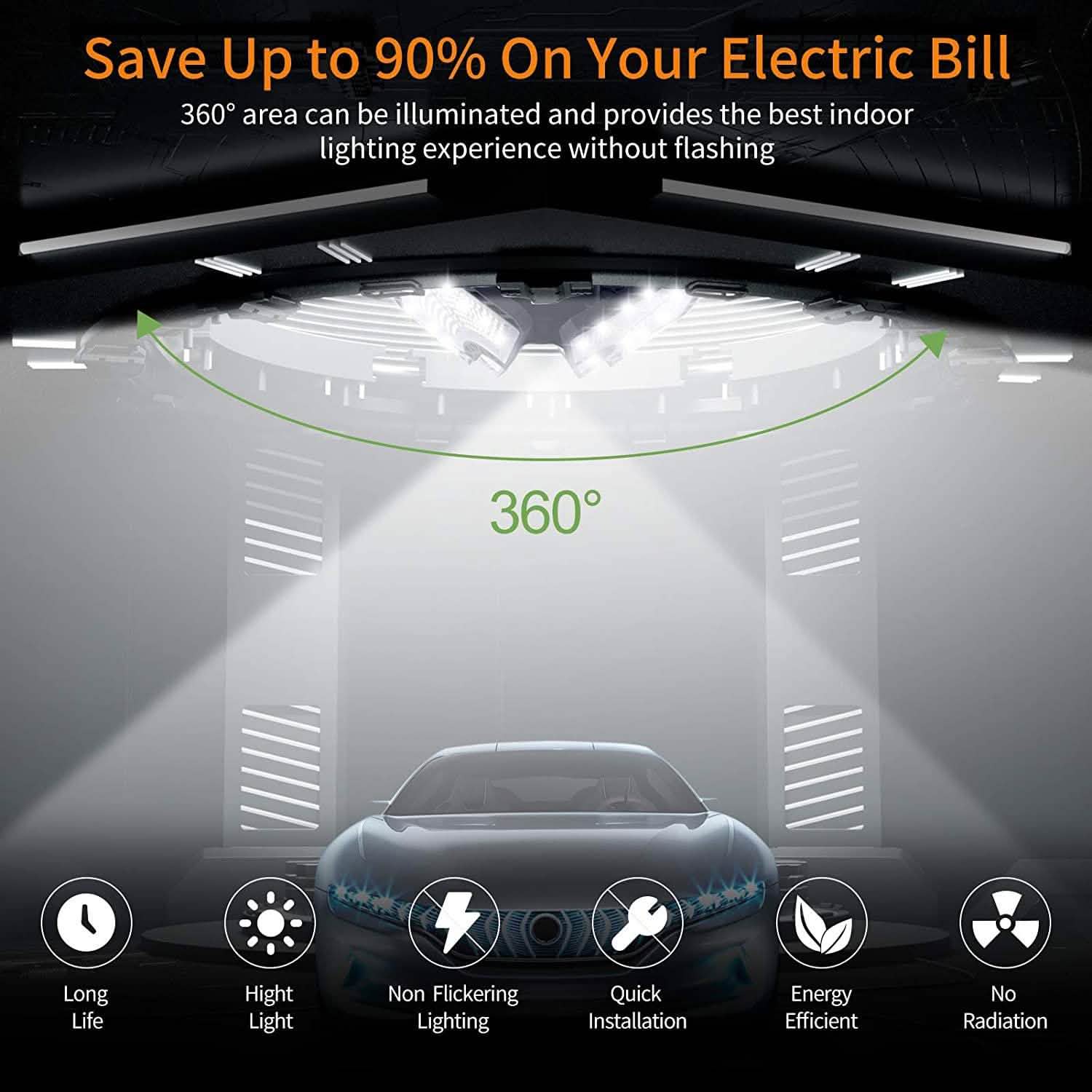 Plafonnier de garage à LED 360°, 576 LED