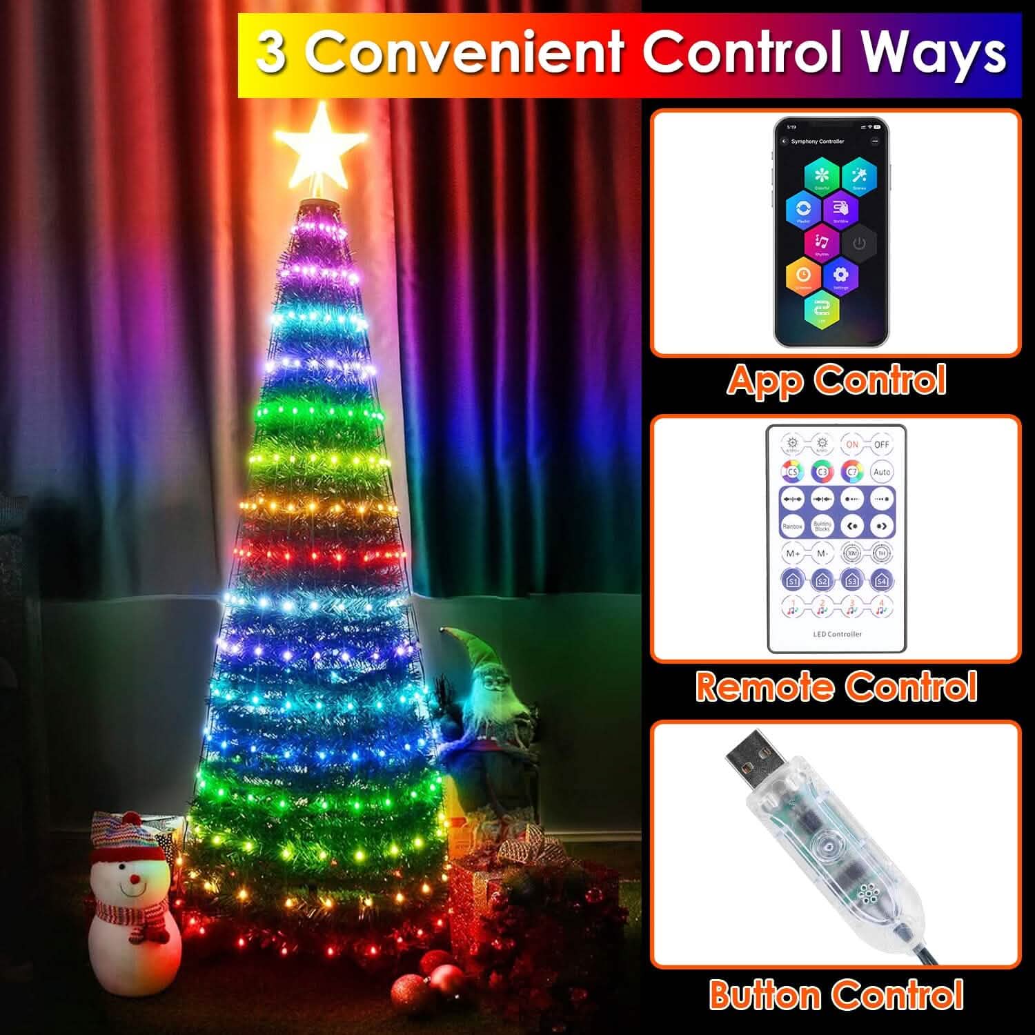 Guirlande lumineuse LED pour sapin de Noël pliable avec télécommande et contrôle via application