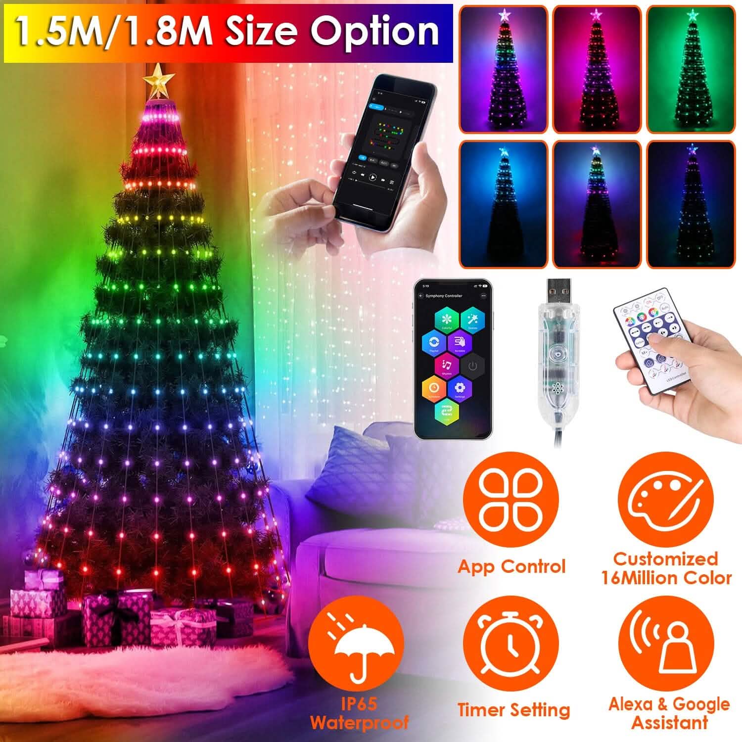 Guirlande lumineuse LED pour sapin de Noël pliable avec télécommande et contrôle via application