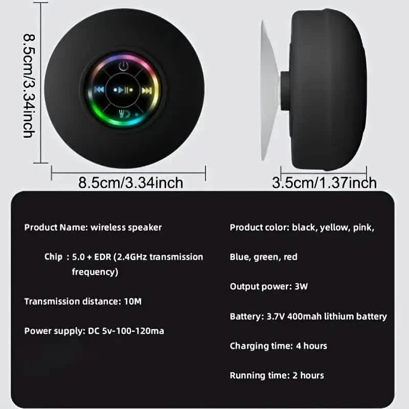 Enceinte de salle de bain portable sans fil rechargeable à LED avec ventouse